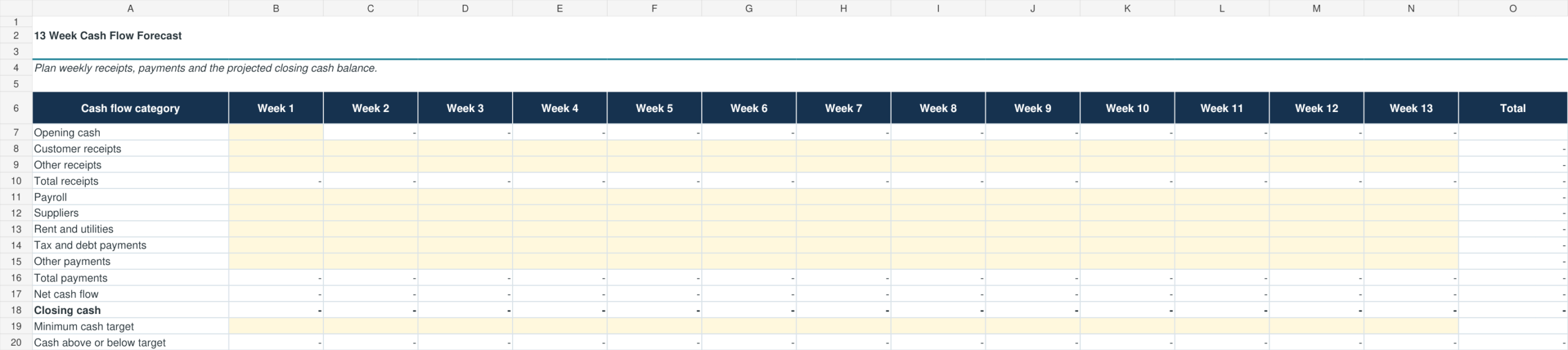 13 week cash flow forecast Excel template preview
