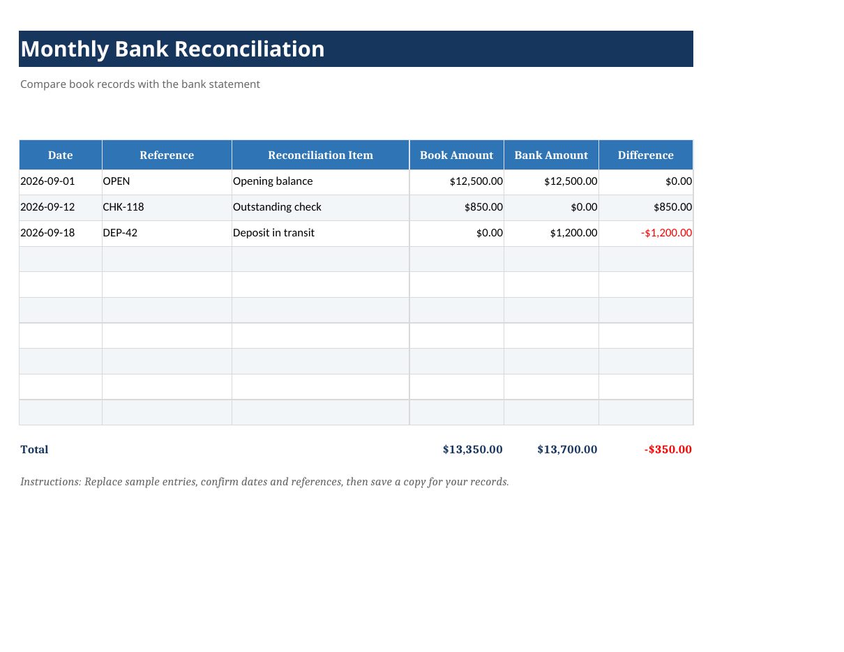 Monthly Bank Reconciliation Template preview