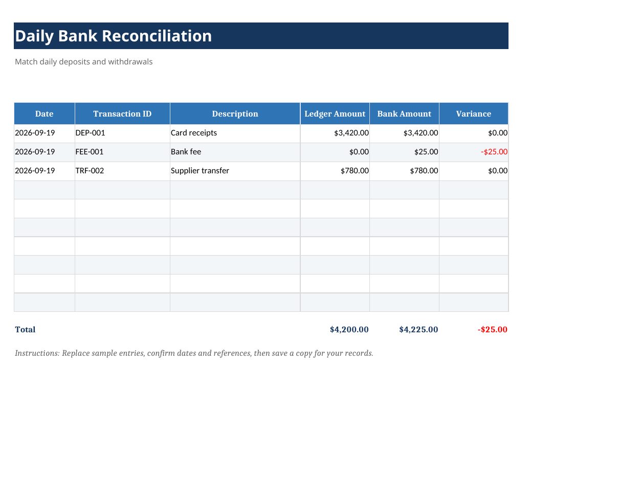 Daily Bank Reconciliation Template preview