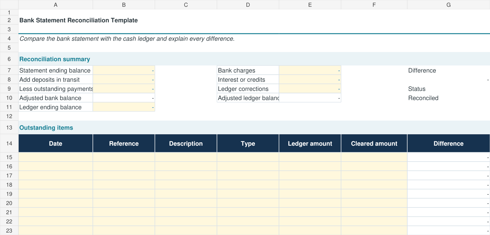 Bank statement reconciliation Excel template preview