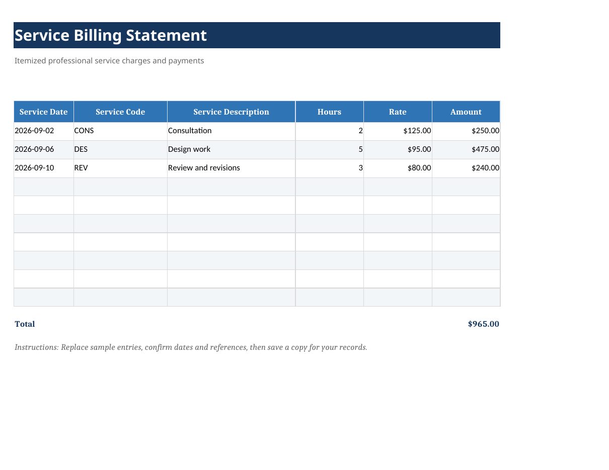 Service Billing Statement Template preview