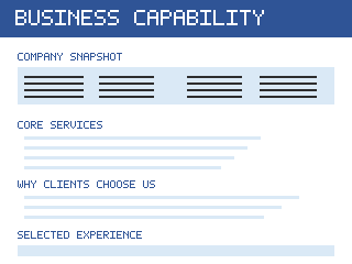 Preview of a business capability statement template with company snapshot, core services, differentiators and selected experience