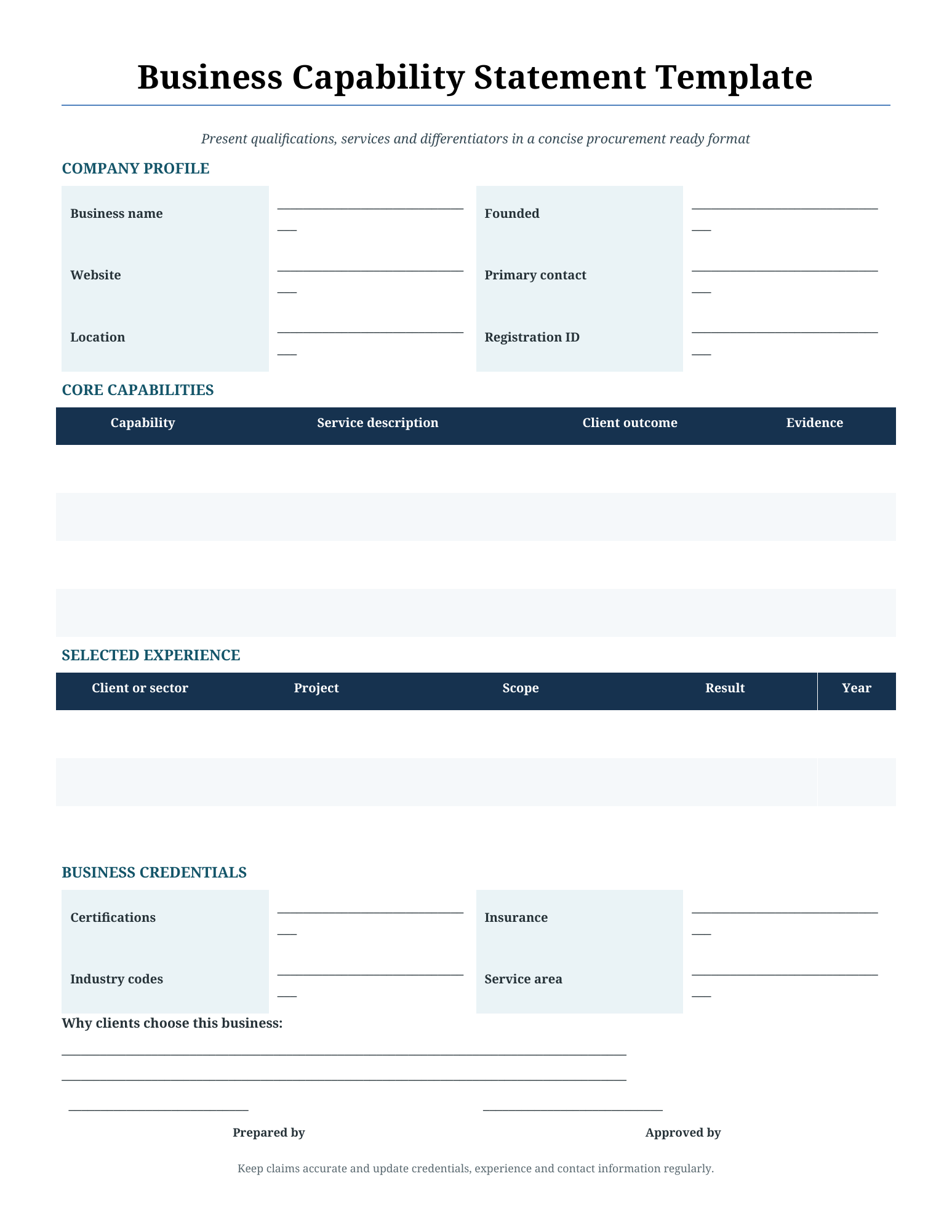 Business capability statement Word template preview