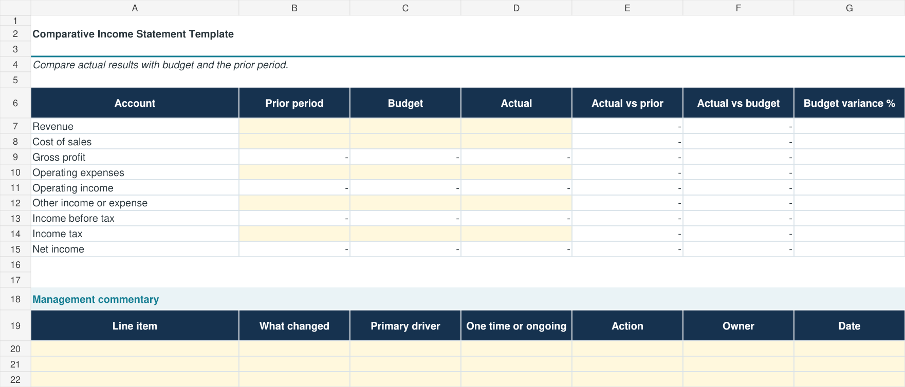 Comparative income statement Excel template preview