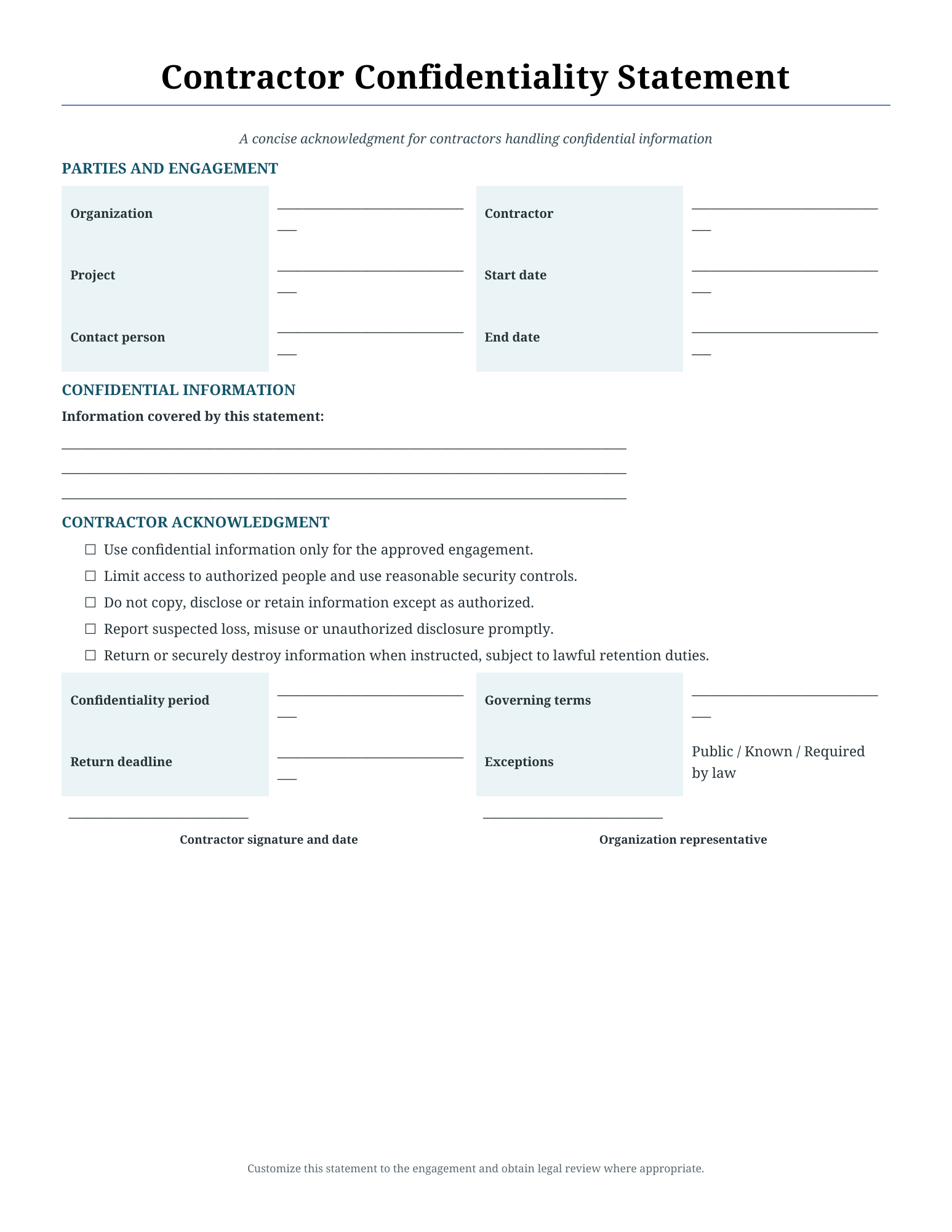 Contractor confidentiality statement Word template preview
