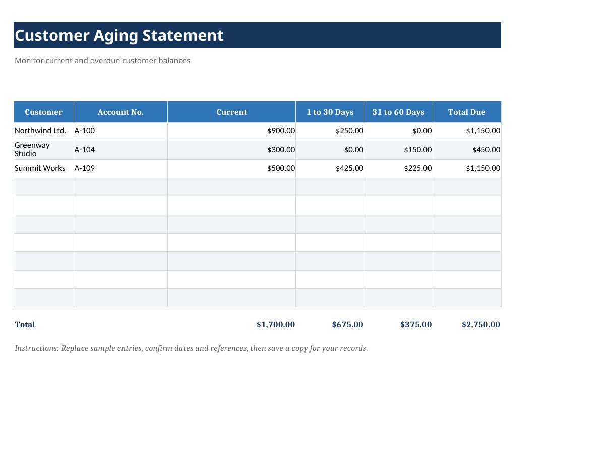 Customer Aging Statement Template preview