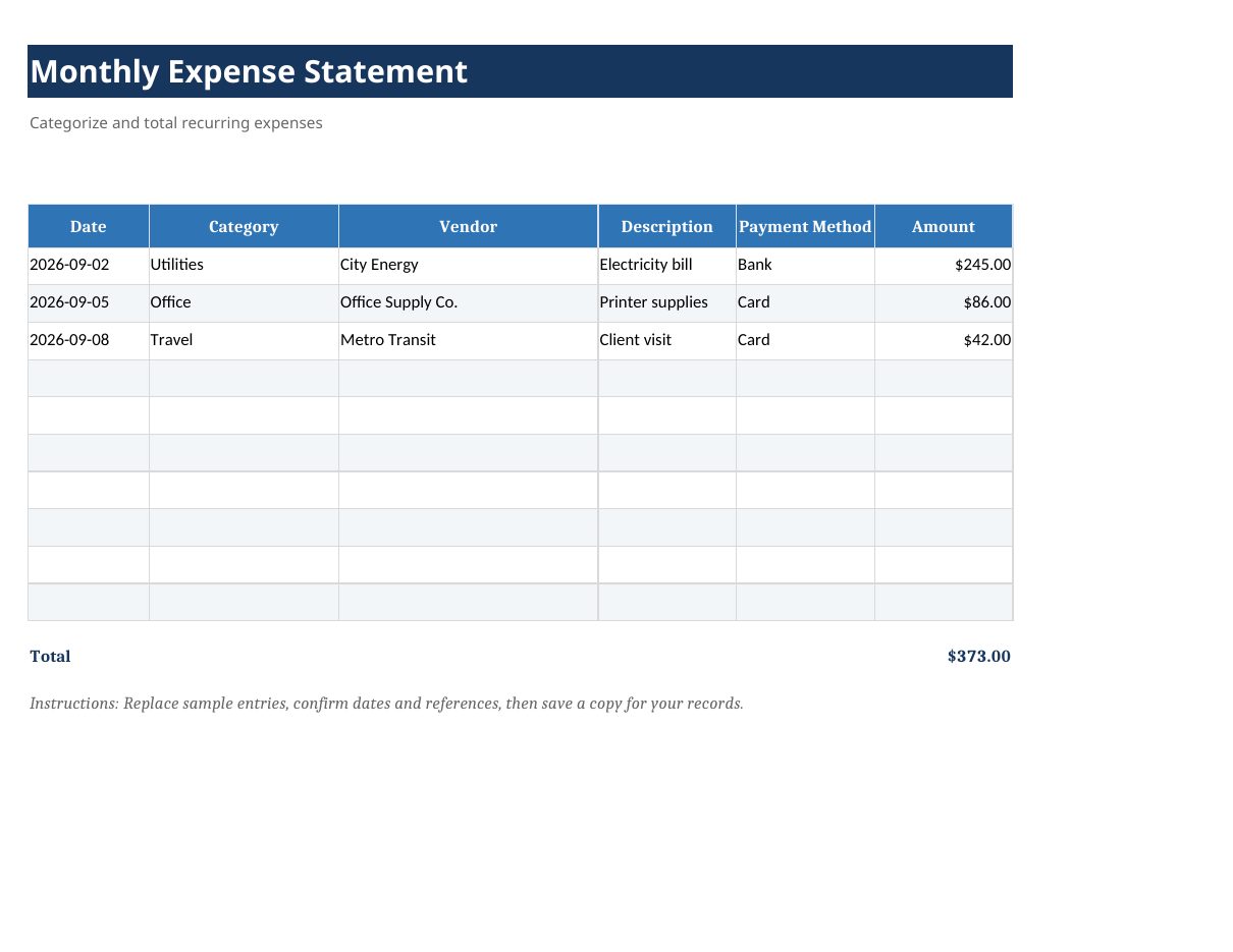 Monthly Expense Statement Template preview
