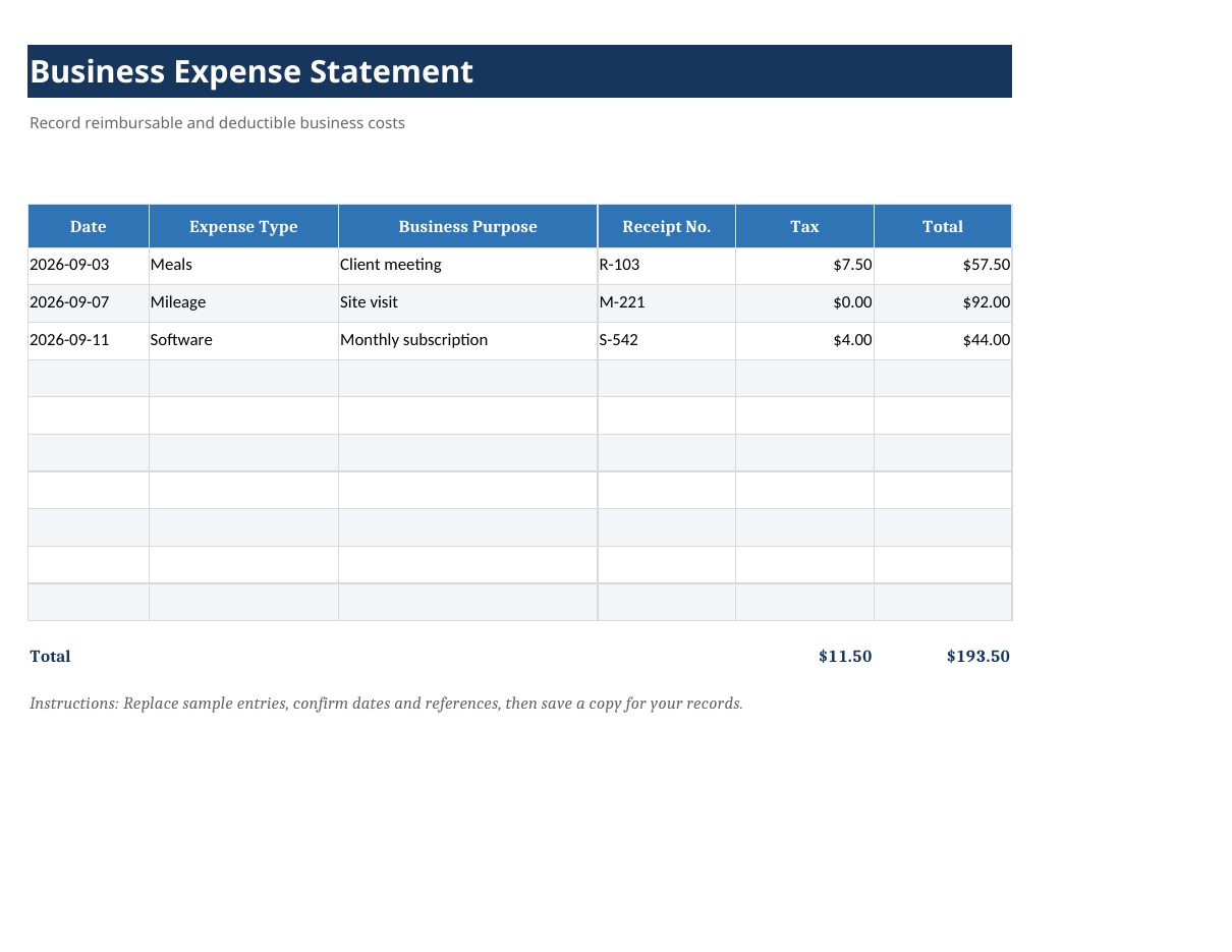 Business Expense Statement Template preview