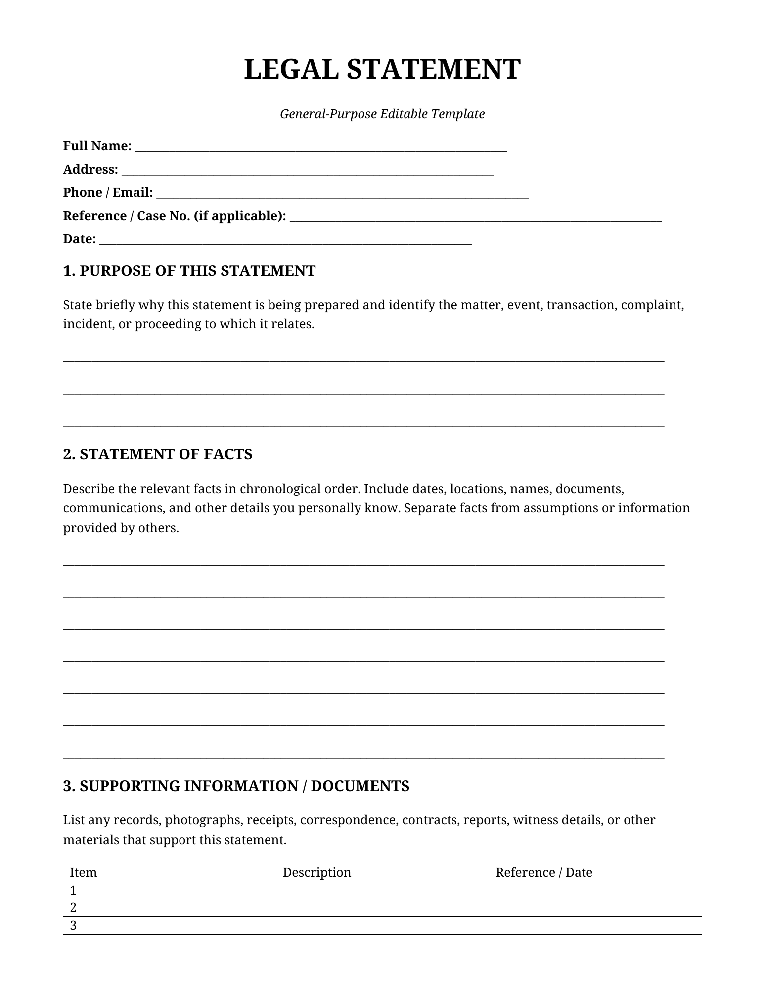 Editable legal statement template preview