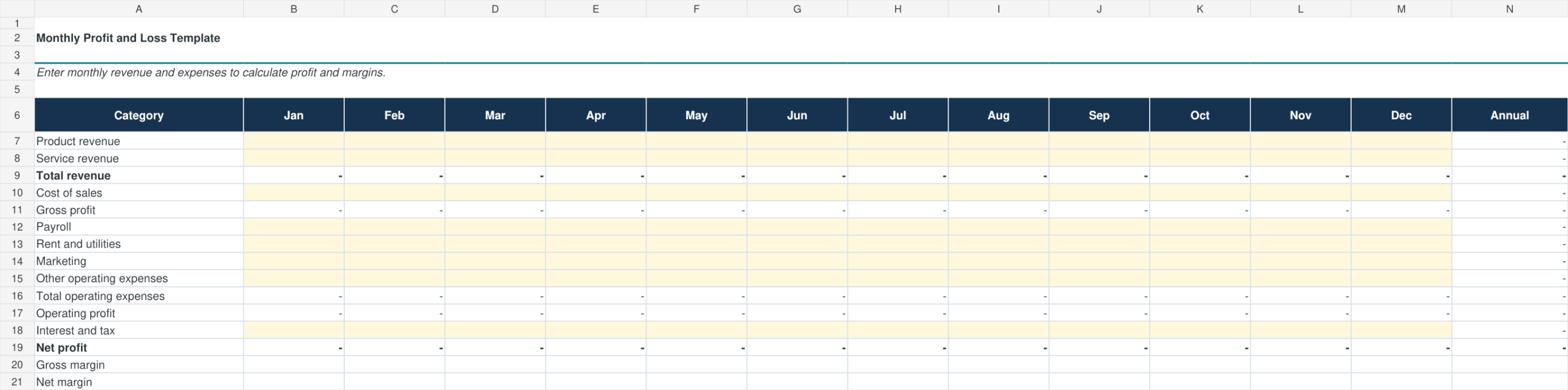 Monthly profit and loss Excel template preview