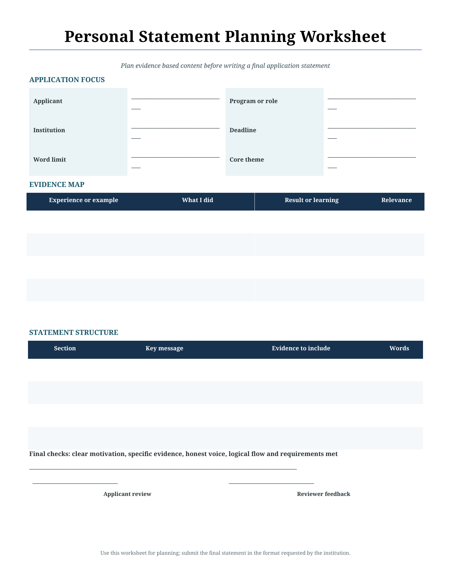 Personal statement planning worksheet preview