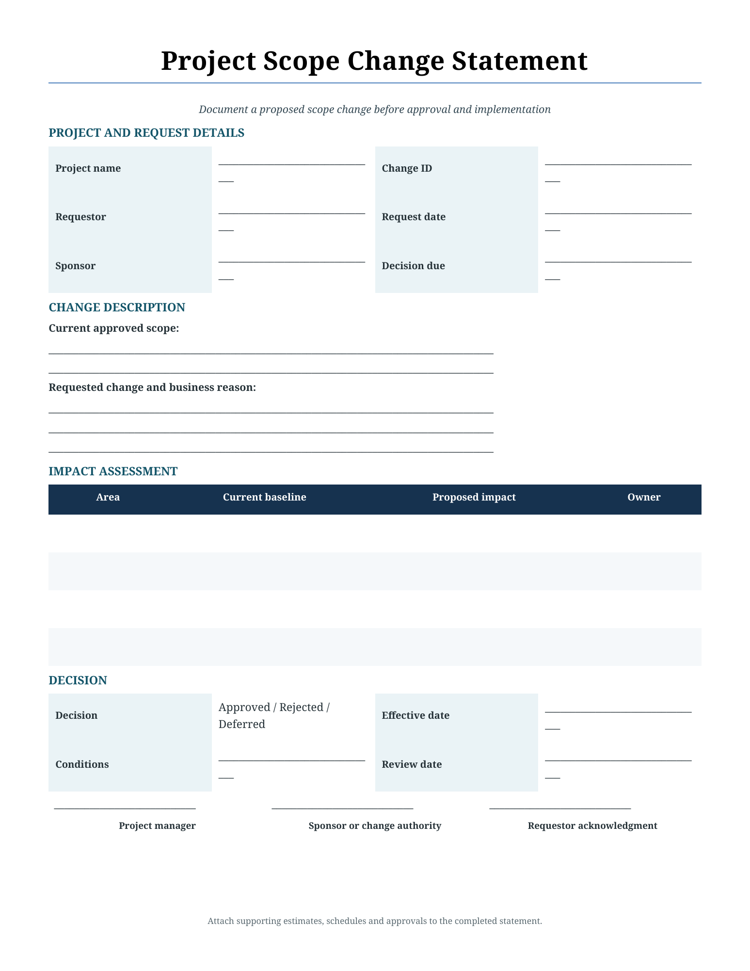 Project scope change statement Word template preview