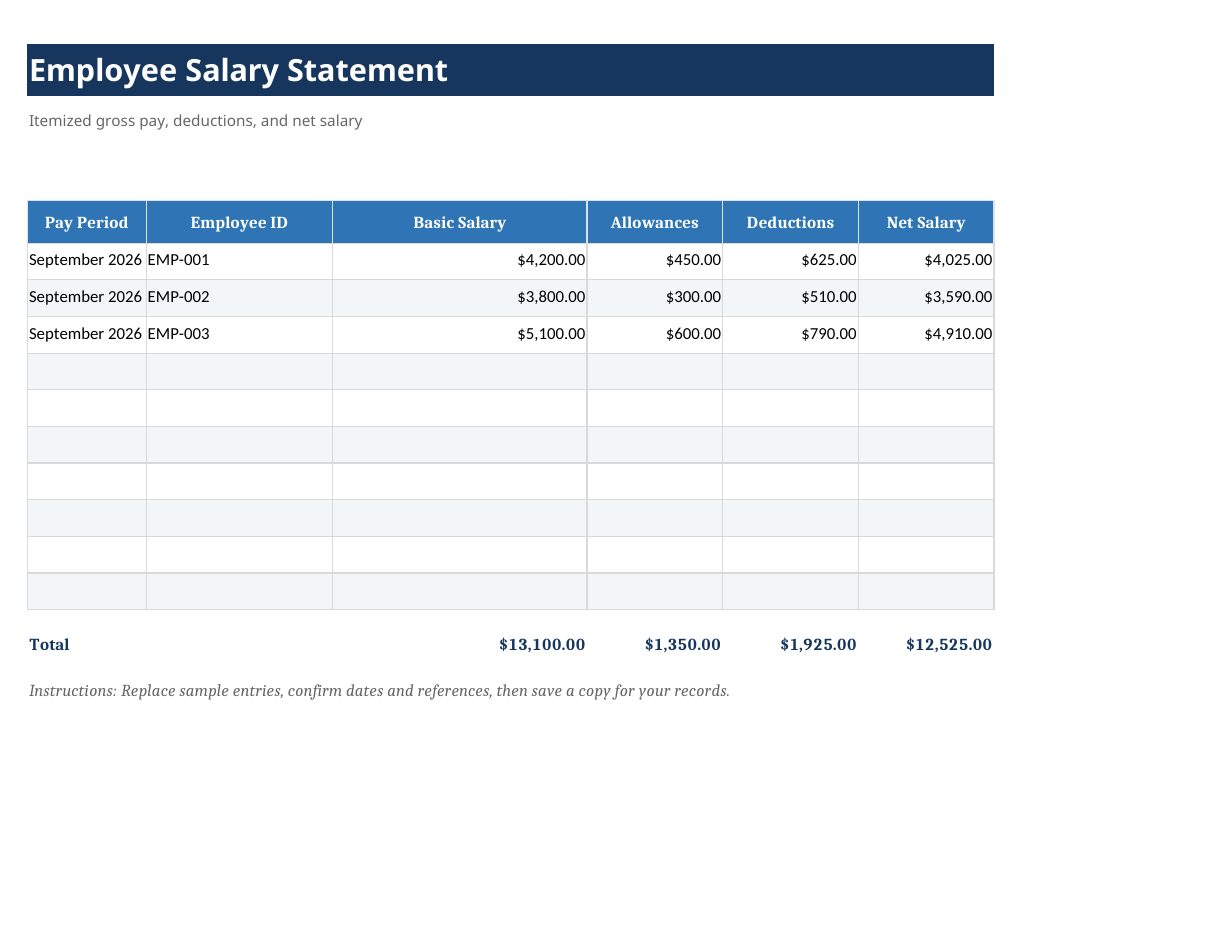 Employee Salary Statement Template preview