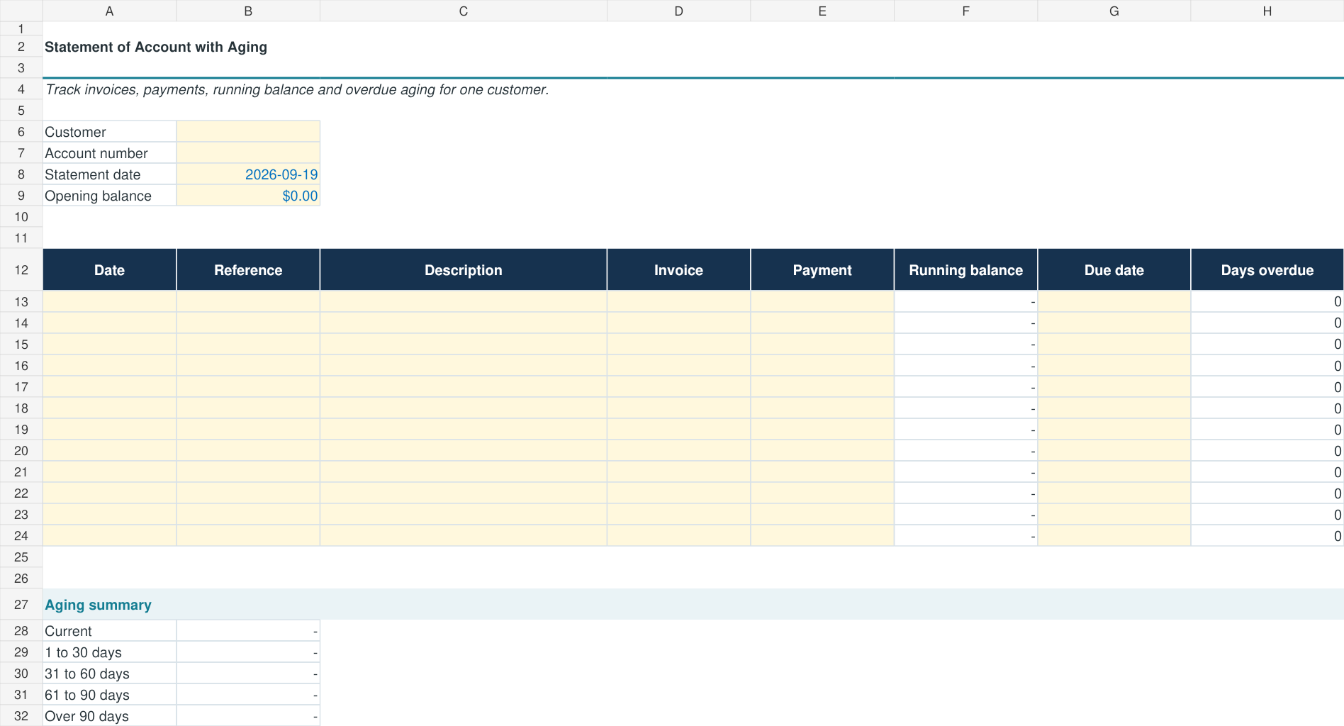 Statement of account aging Excel template preview