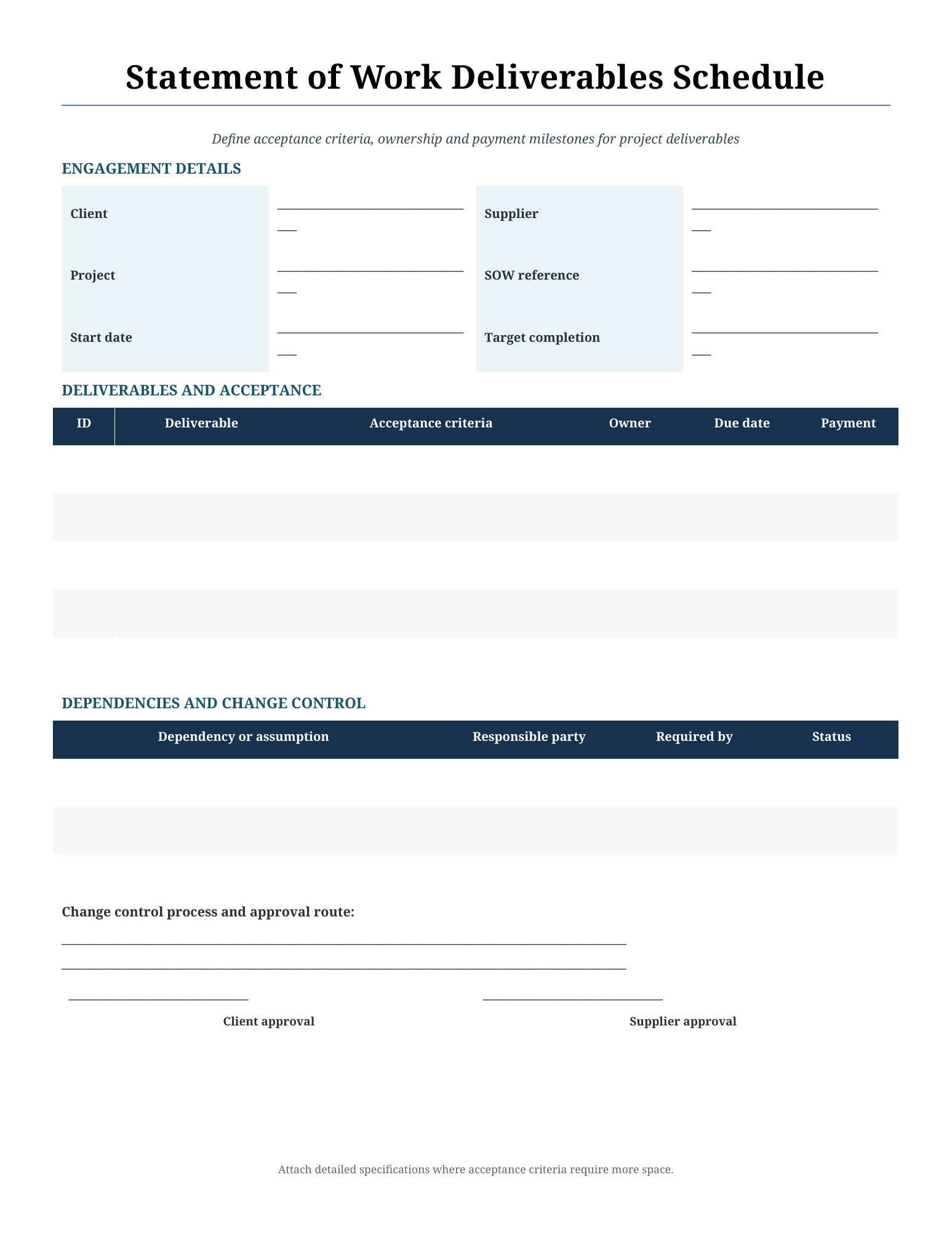 Statement of work deliverables schedule Word template preview
