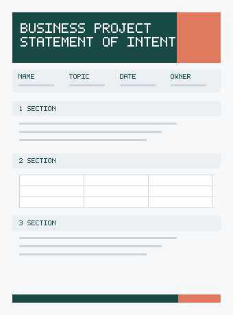 Preview of a business and project statement of intent template with objectives, scope and milestone sections