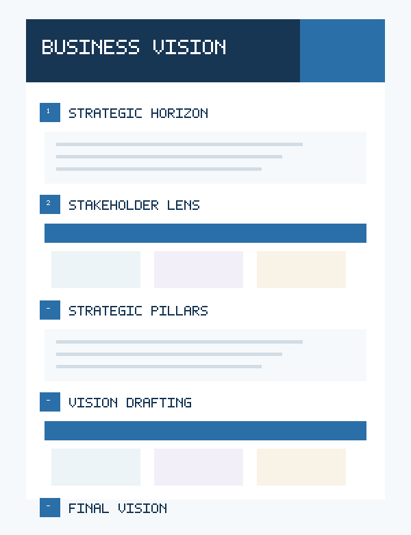 Preview of a professional business vision statement template with future position, stakeholders and strategic themes sections