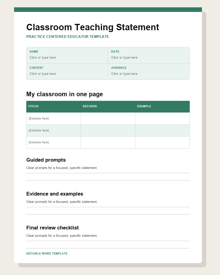 Preview of a green classroom teaching statement template with practice and assessment fields
