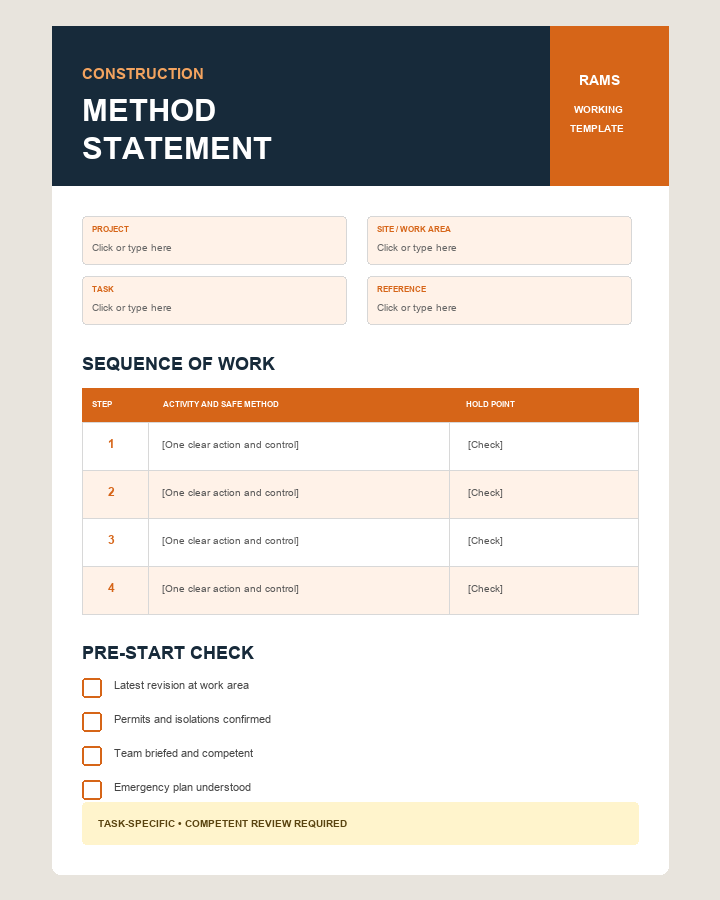 Preview of the construction method statement Word template with project fields, sequence of work table and pre-start checklist.