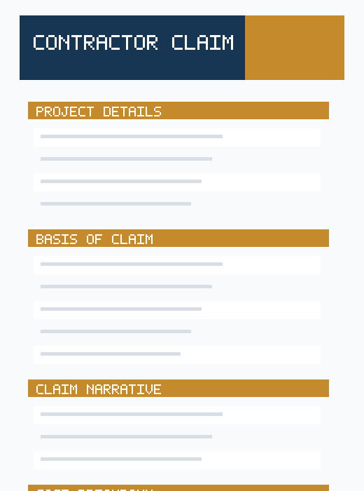 Preview of a professional contractor claim statement template with claim basis, narrative and cost breakdown sections