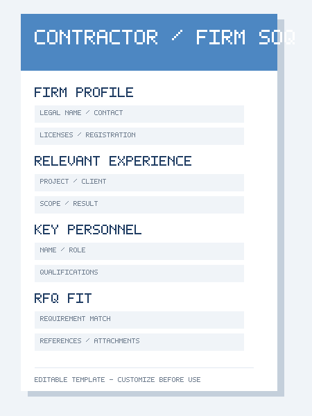 Preview of a contractor and professional-services statement of qualifications template with firm profile, experience and key personnel sections