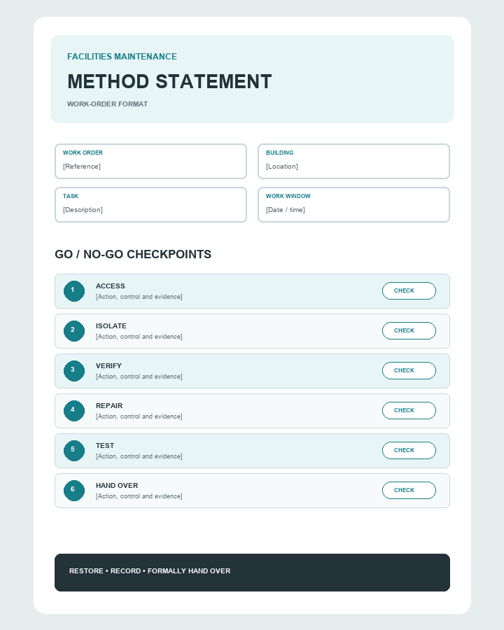 Preview of the facilities maintenance method statement Word template with work-order fields and go or no-go checkpoints.