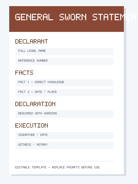 Preview of a general sworn statement template with declarant details, facts, declaration and signature sections