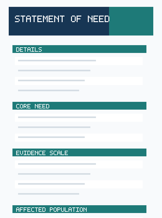 Preview of a professionally designed grant statement of need template with evidence, affected population and resource gap sections