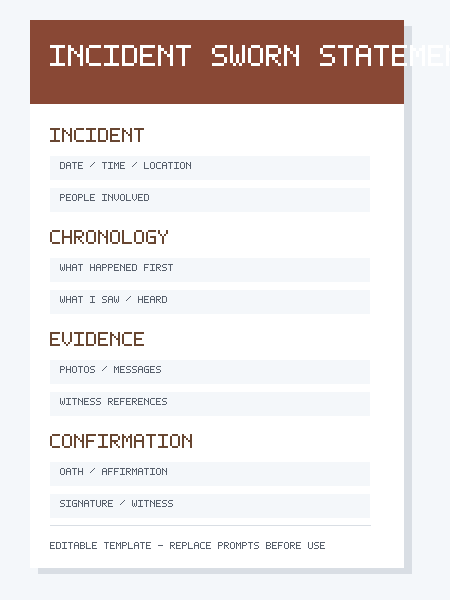 Preview of an incident sworn statement template with chronology, evidence and sworn confirmation sections