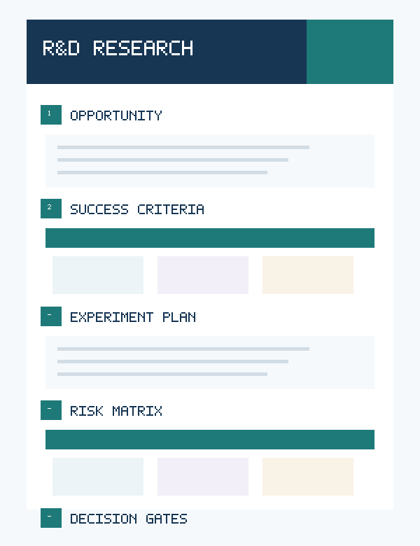 Preview of a professional industry research statement template with research questions, success criteria, workplan and risk sections
