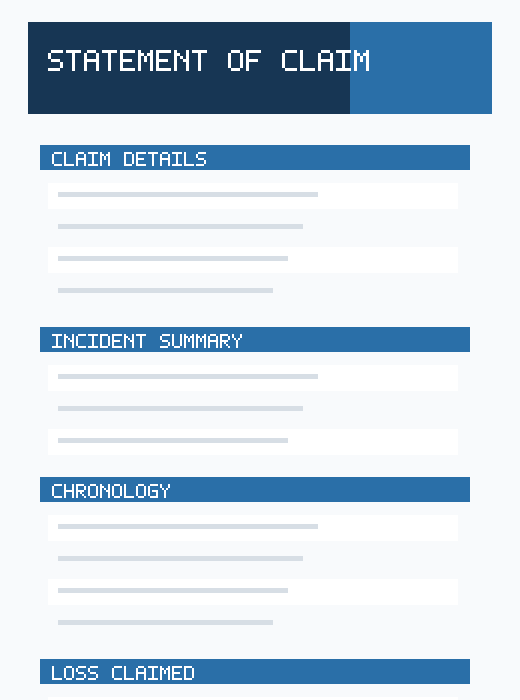 Preview of a professional insurance statement of claim template with incident chronology and loss amount sections