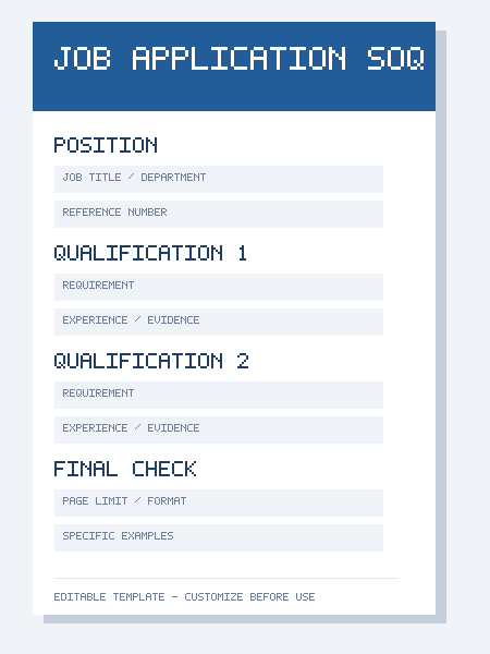 Preview of a job application statement of qualifications template organized around required qualifications and supporting evidence