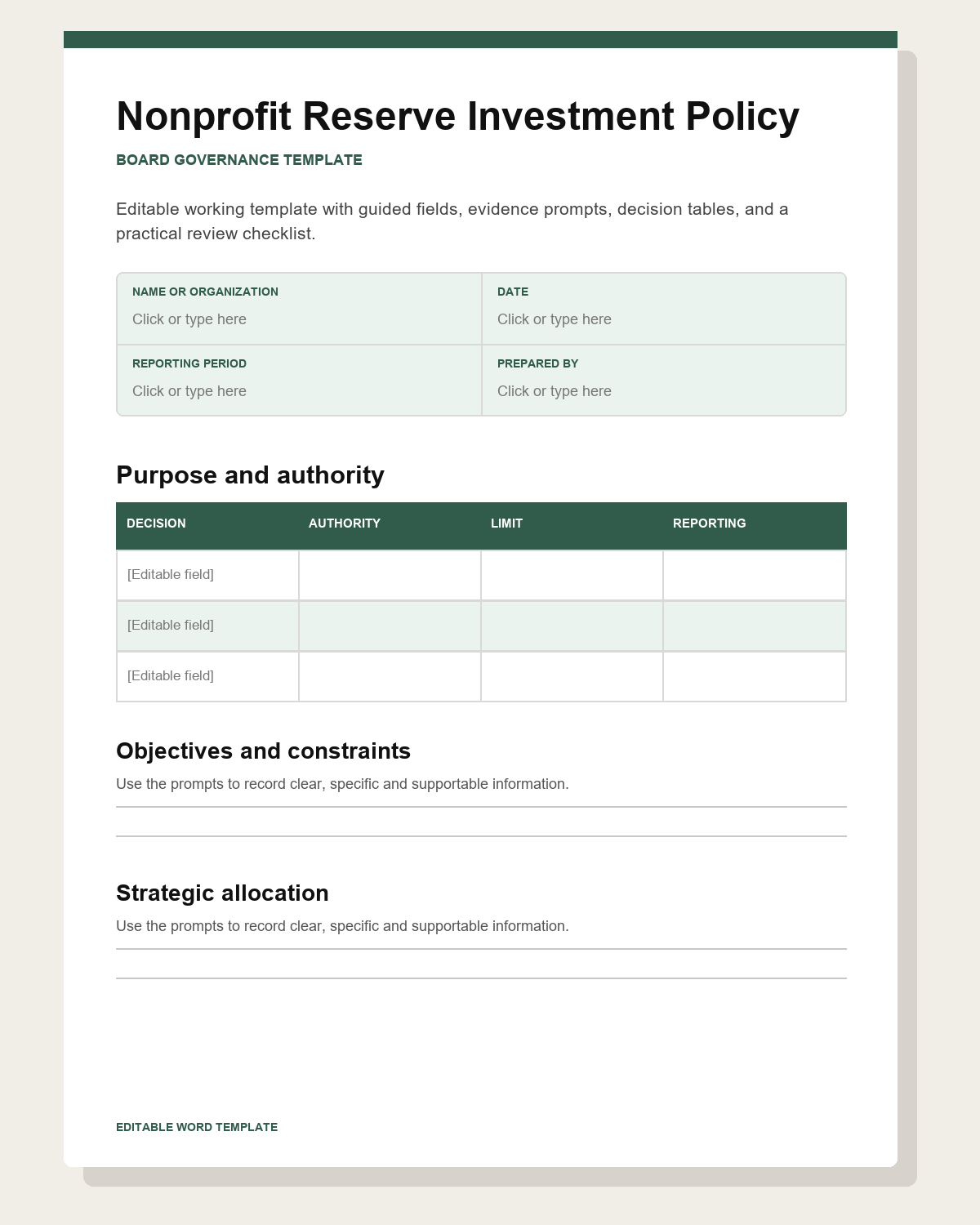 Preview of a green nonprofit reserve investment policy statement template with governance and allocation sections