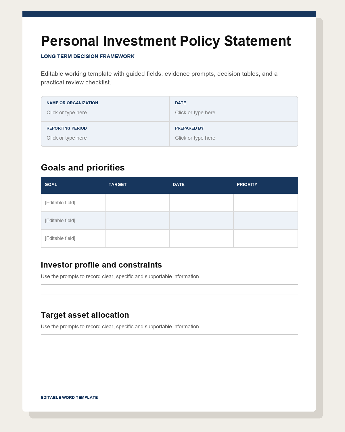 Preview of a navy personal investment policy statement template with goals and allocation fields