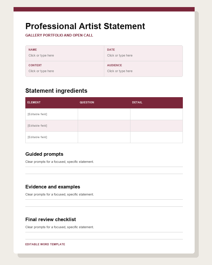 Preview of a burgundy professional artist statement template for galleries, portfolios and open calls