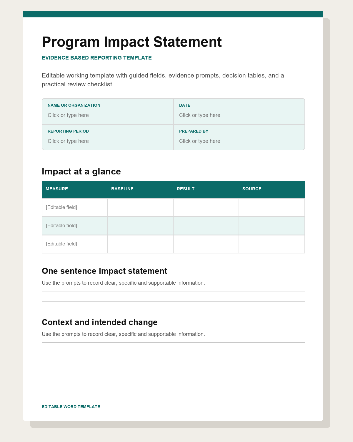 Preview of a teal program impact statement template with outcome measures, evidence and reporting fields
