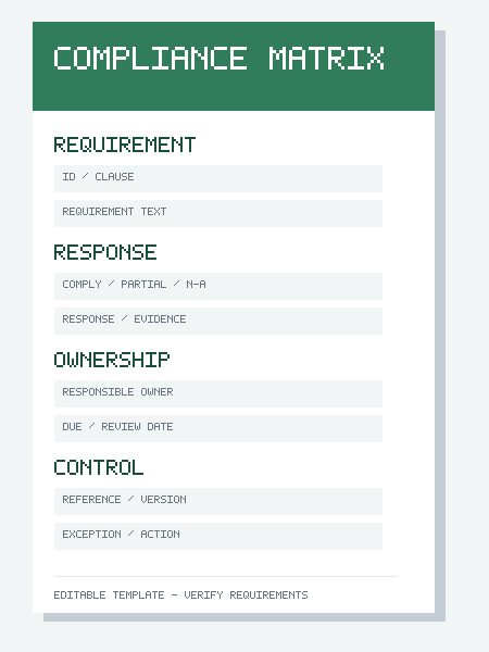 Preview of a requirements compliance matrix statement template with clause, status, evidence, owner and exception fields