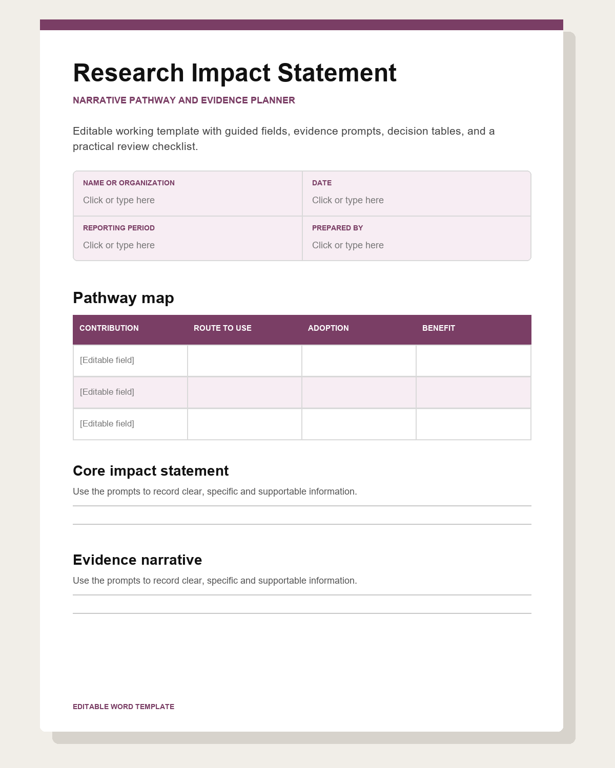 Preview of a plum research impact statement template with pathway map and evidence narrative