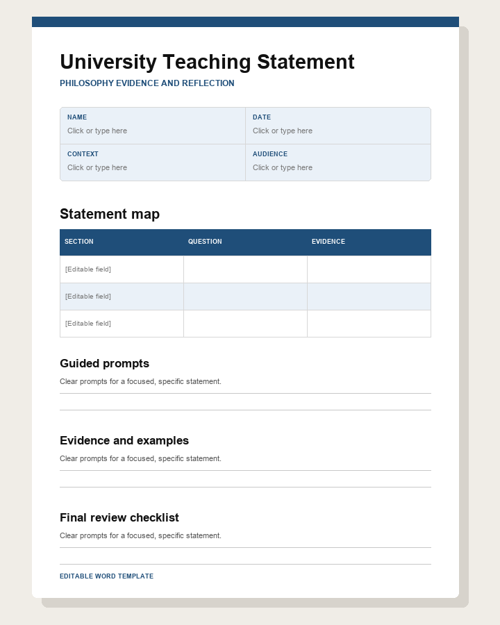 Preview of a blue university teaching statement template with philosophy, evidence and reflection sections