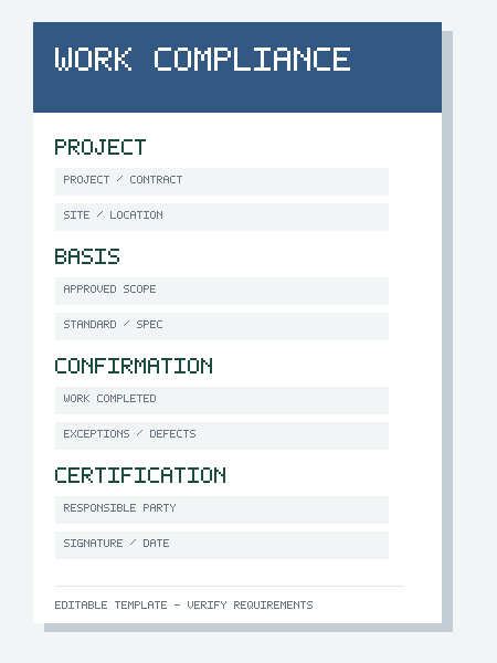 Preview of a work completion statement of compliance template with project, standards, exceptions and certification sections